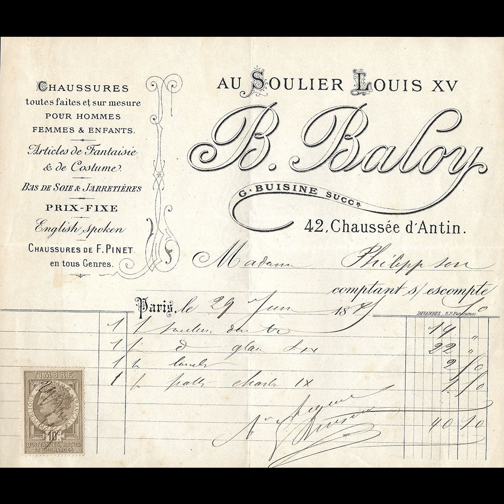 Baloy - Facture du magasin de chaussures Au Soulier Louis XIV, 42 chaussée d'Antin à Paris (1881)