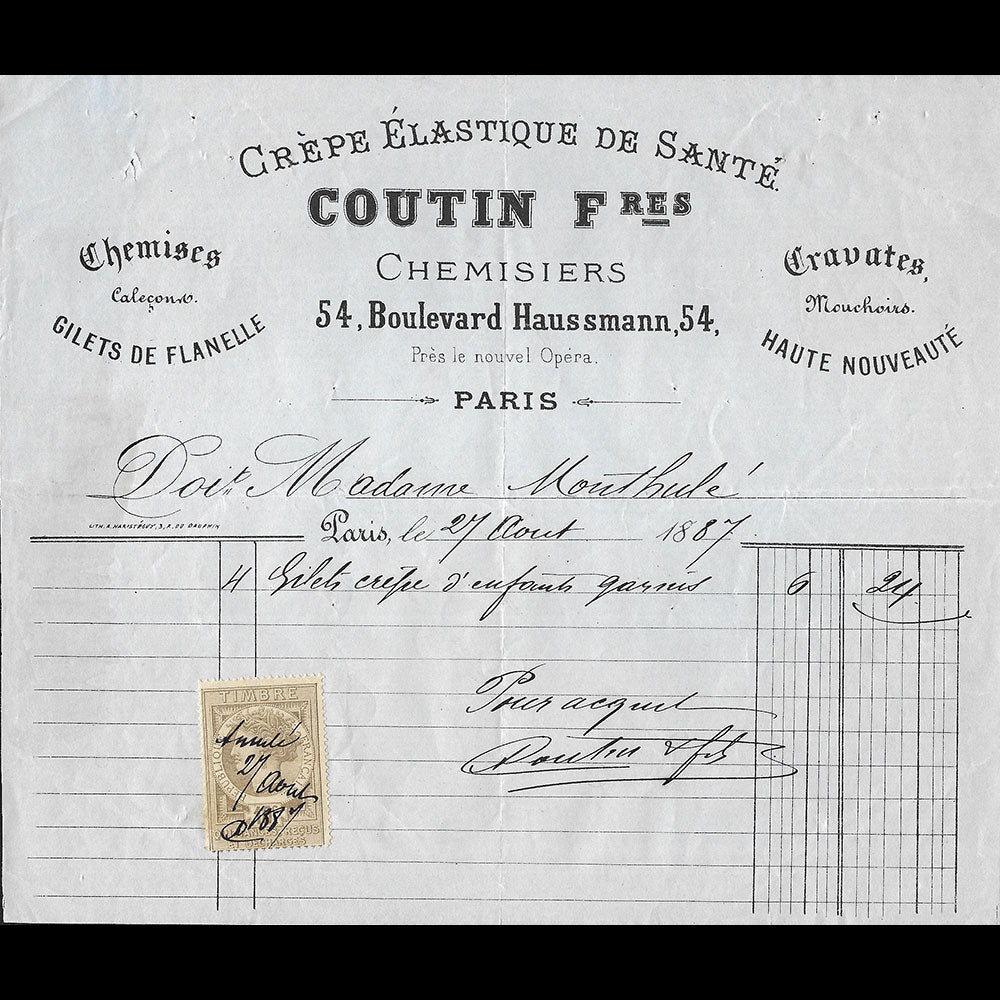 Coutin Frères - Facture des chemisiers, 54 boulevard Haussmann à Paris (1887)