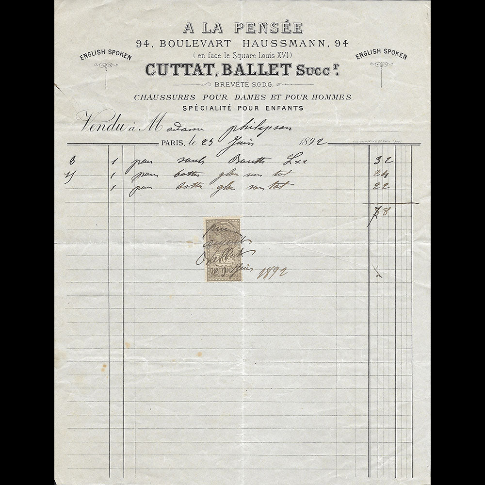 Cuttat, Ballet - Facture du magasin de chaussures A la Pensée, 94 boulevart Haussmann à Paris (1892)