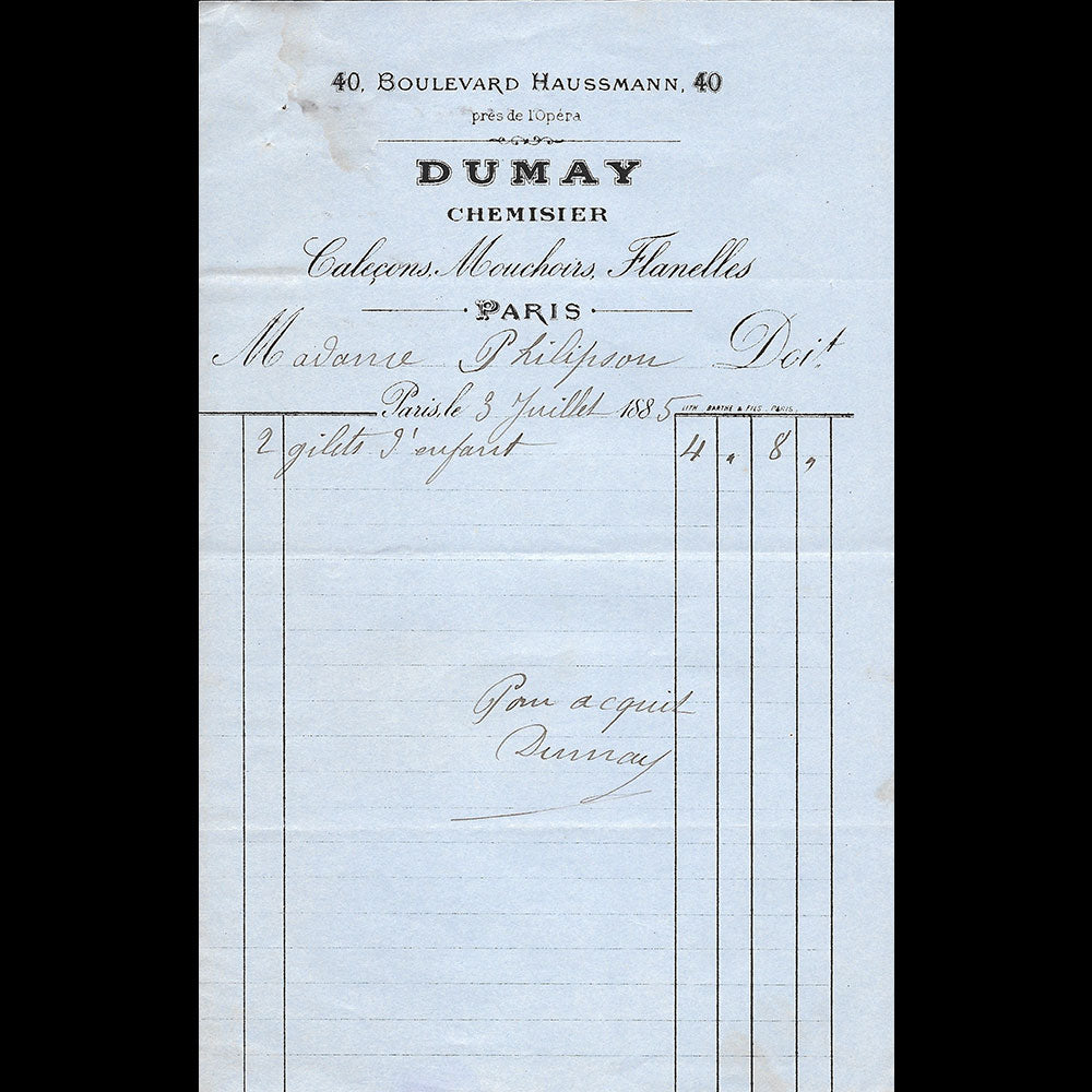 Dumay - Facture du chemisier, 40 boulevard Haussmann à Paris (1885)