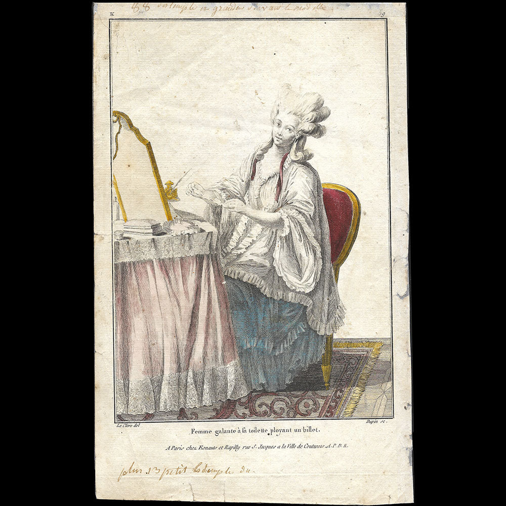 Gallerie des Modes et Costumes Français, 1778-1787, gravure n° K 59, Femme galante à sa Toilette (1778)