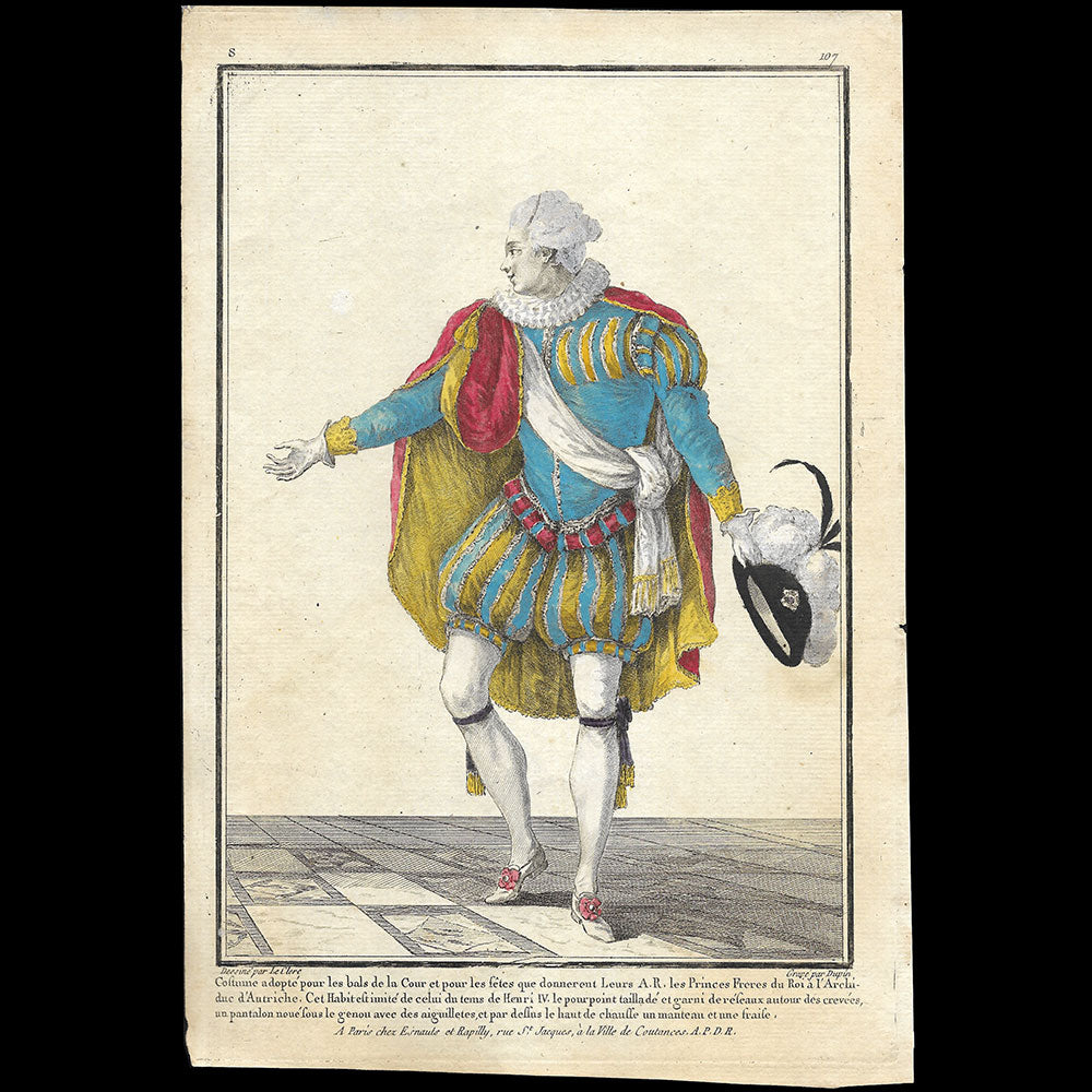 Gallerie des Modes et Costumes Français, 1778-1787, gravure n° S 107, Costume adopté pour les bals de la Cour (1779)