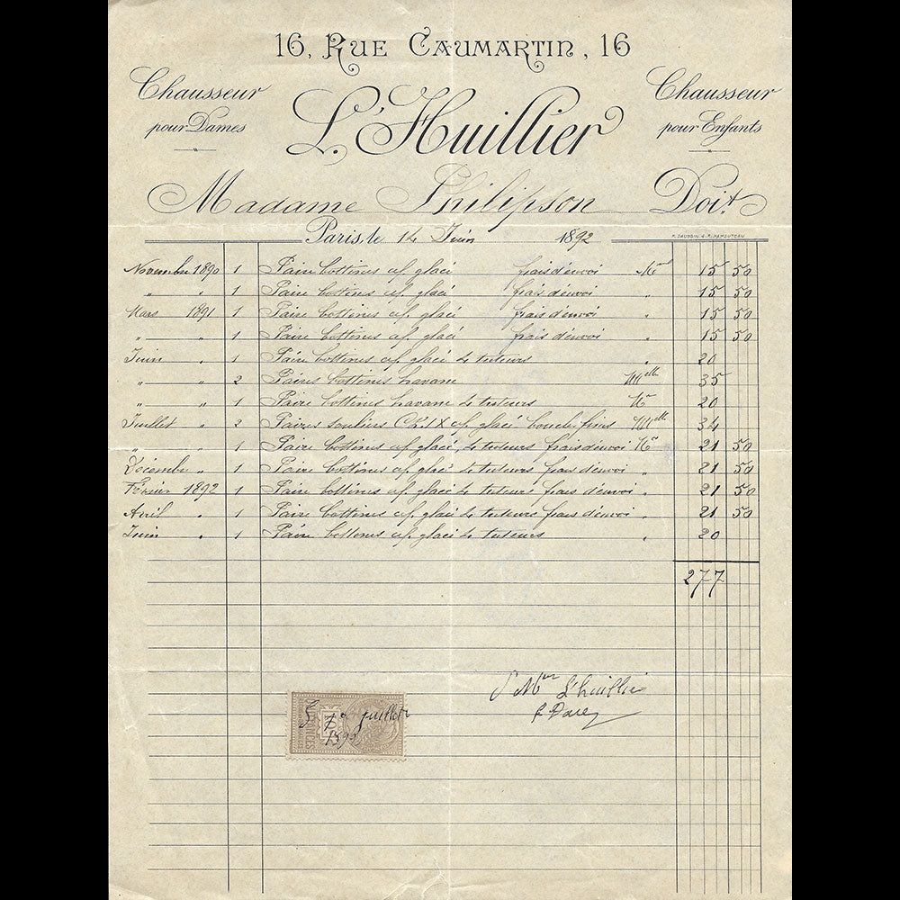 L'Huillier - Facture du chausseur pour dames et enfants, 16 rue Caumartin à Paris (1892)