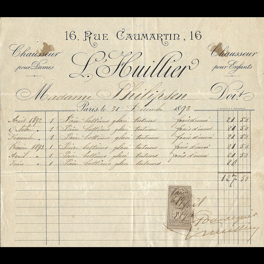 L'Huillier - Facture du chausseur pour dames et enfants, 16 rue Caumartin à Paris (1893)