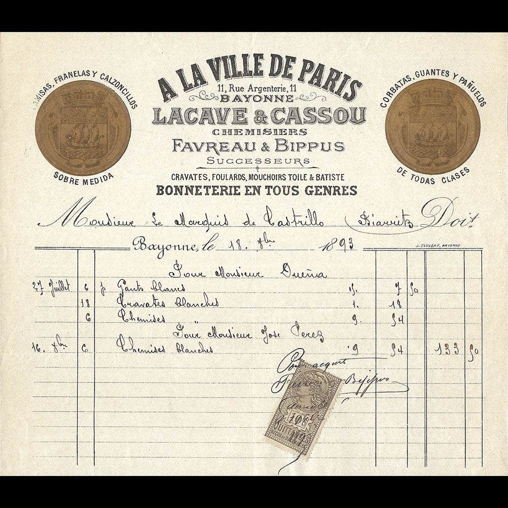 Lacave & Cassou - Facture du chemisier bonnetier A la Ville de Paris à Bayonne (1893)