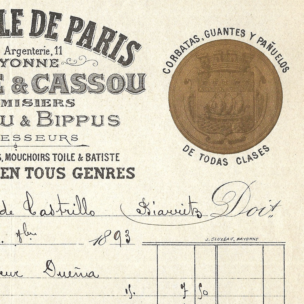 Lacave & Cassou - Facture du chemisier bonnetier A la Ville de Paris à Bayonne (1893)