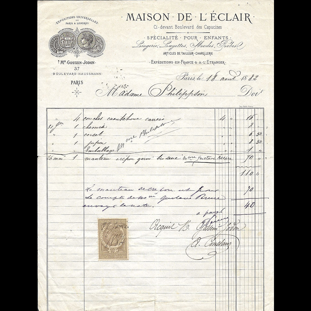 Maison de l'Eclair - Facture de la maison spécialisée en costumes d'enfants, 37 boulevard Haussmann à Paris (1882)