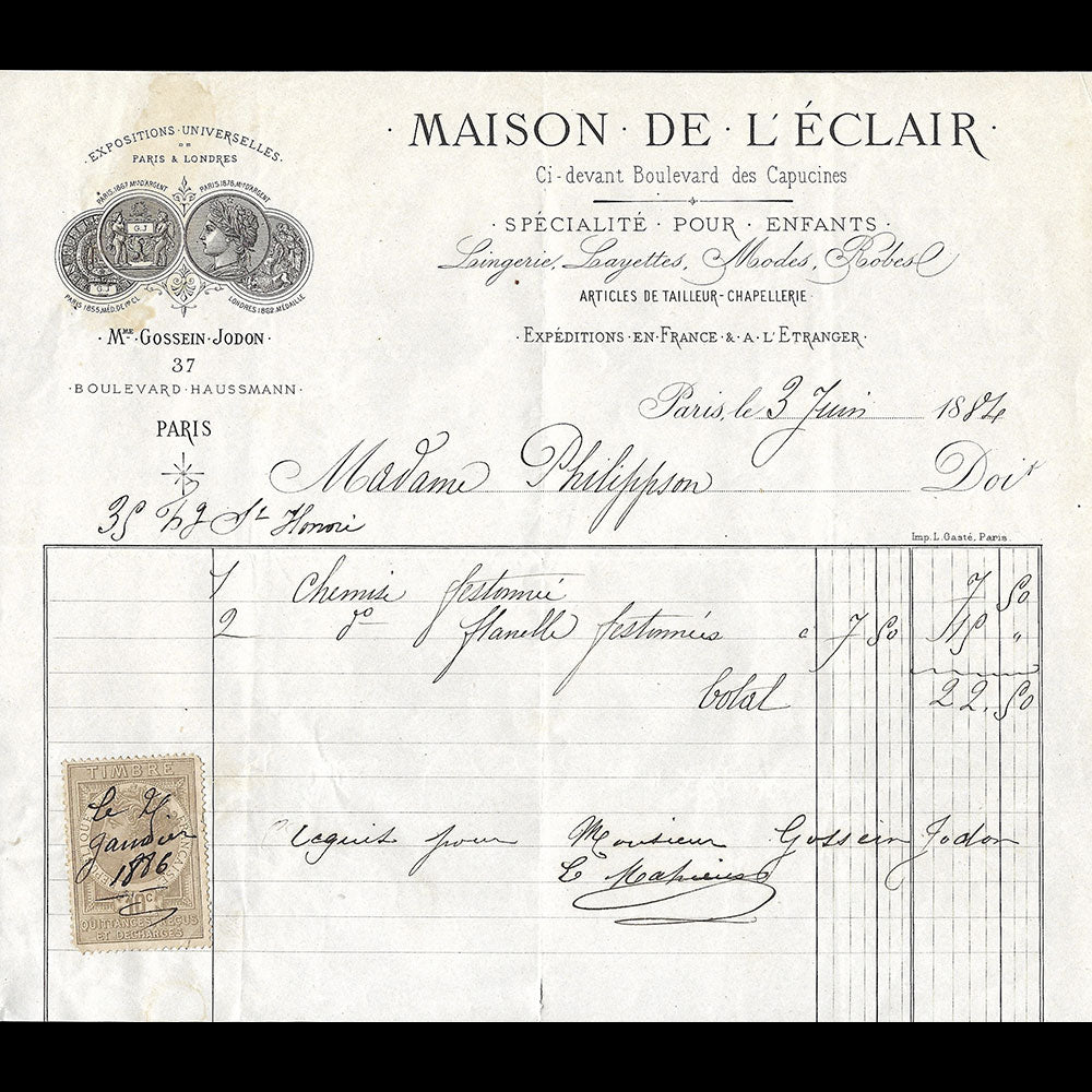 Maison de l'Eclair - Facture de la maison spécialisée en costumes d'enfants, 37 boulevard Haussmann à Paris (1884)