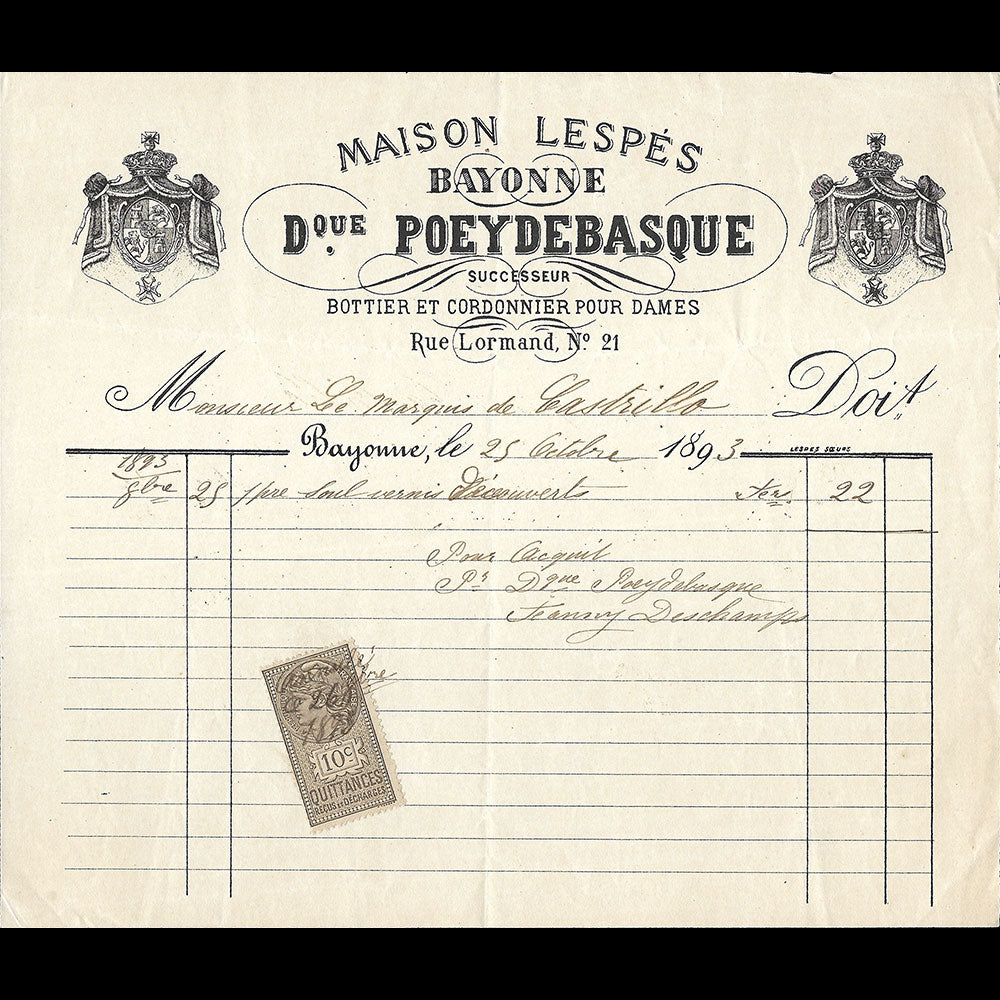Dominique Poeydebasque - Facture du bottier cordonnier Maison Lespès, 21 rue Lormand à Bayonne (1893)