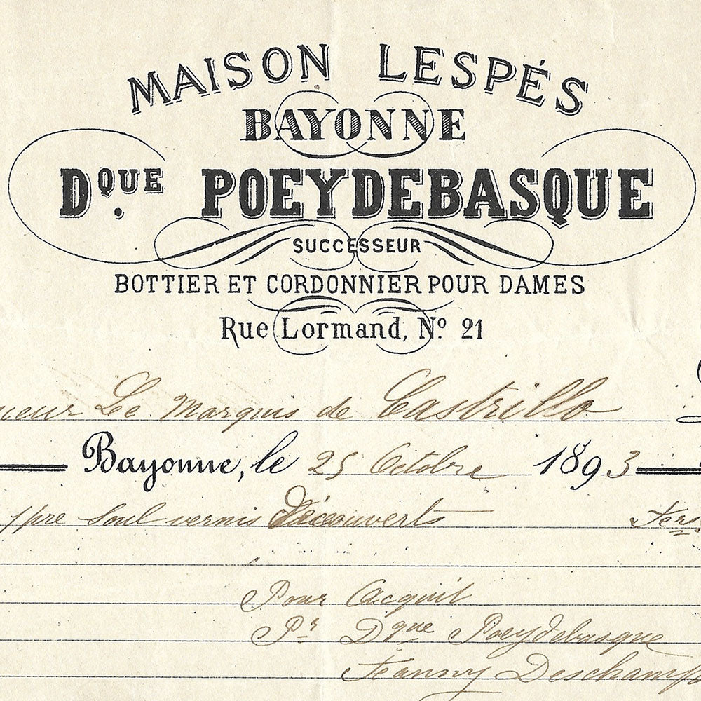 Dominique Poeydebasque - Facture du bottier cordonnier Maison Lespès, 21 rue Lormand à Bayonne (1893)