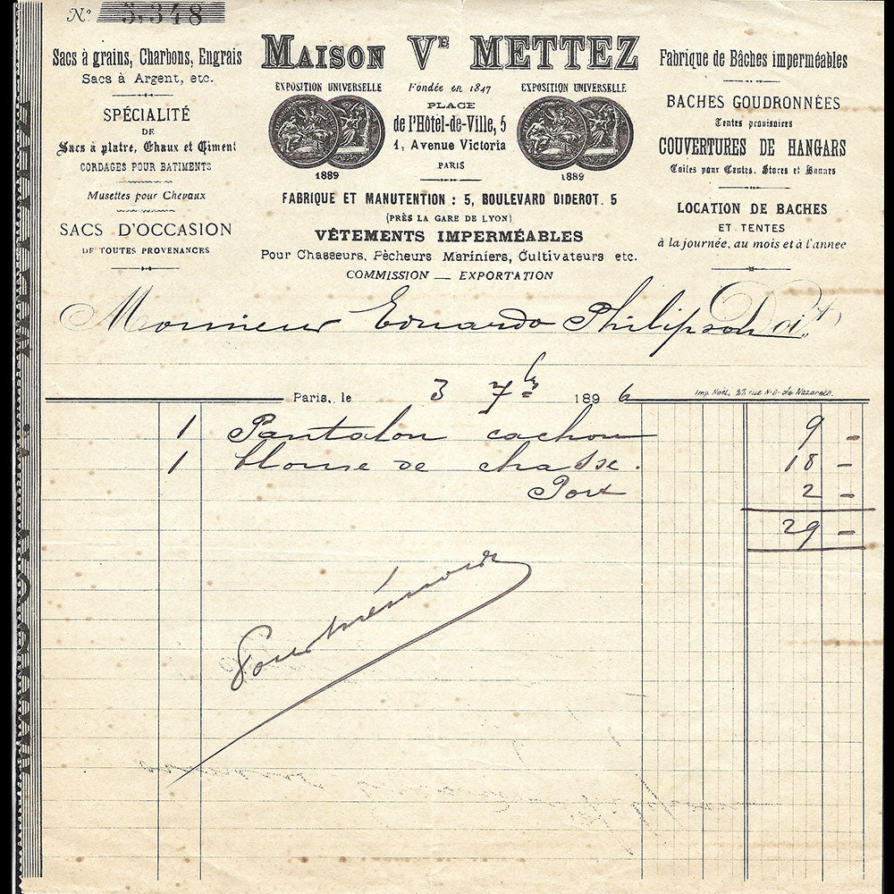 Maison Veuve Mettez - Facture du magasin d'imperméables, 5 place de l'Hotel de Ville à Paris (1896)