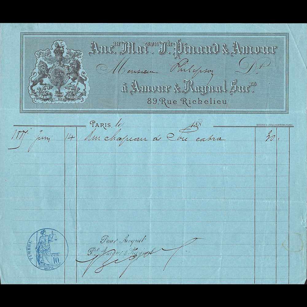 Pinaud & Amour - Facture de la maison de chapellerie, 89 rue Richelieu à Paris (1887)