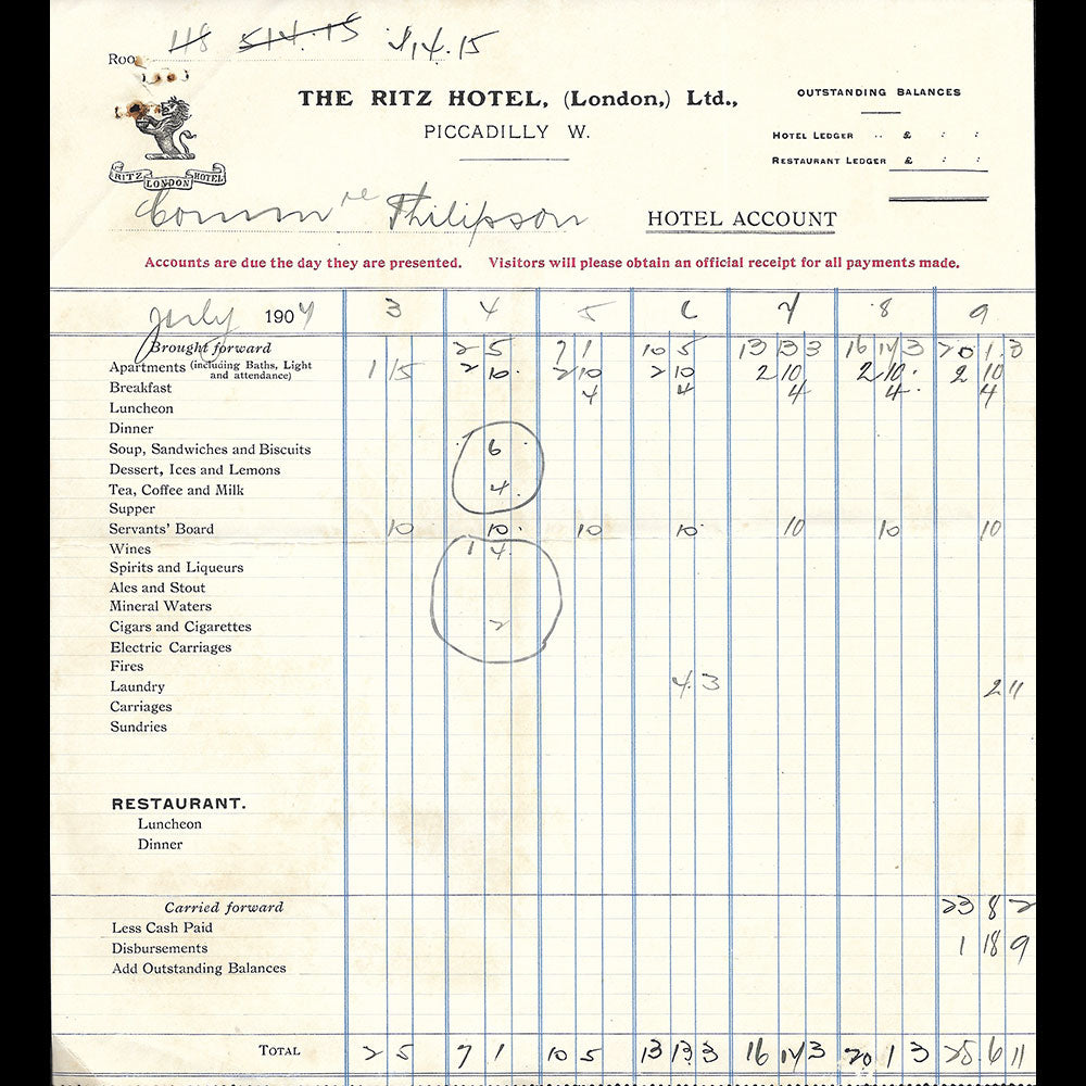 Ritz London - Facture de l'hotel, Piccadilly W. London (1907)
