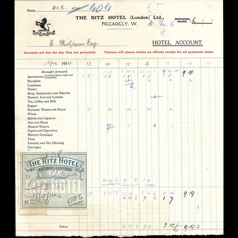 Ritz London - Facture de l'hotel, Piccadilly W. London (1914)