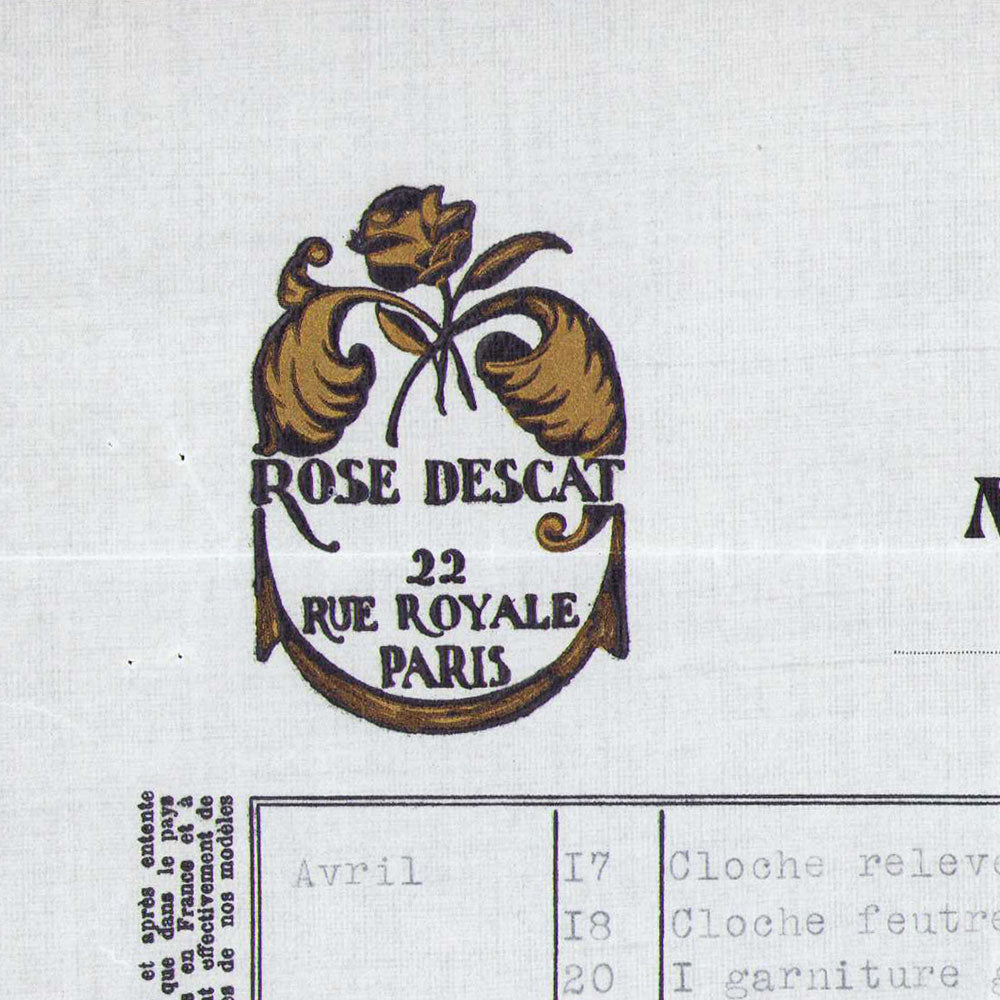 Facture de la maison de modes Rose Descat, 22 rue Royale à Paris (1929)