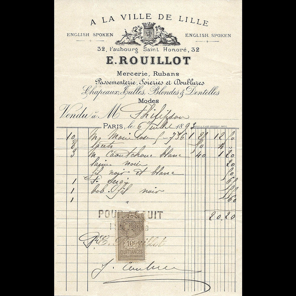 E. Rouillot - Facture de la mercerie à la Ville de Lille, 32 Faubourg Saint-Honoré à Paris (1893)