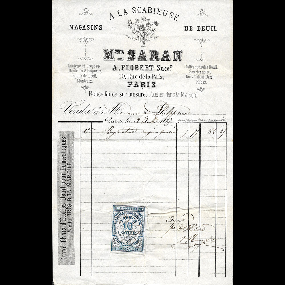 A la Scabieuse, Maison Saran - Facture du magasin de deuil, 10 rue de la Paix à Paris (1872)